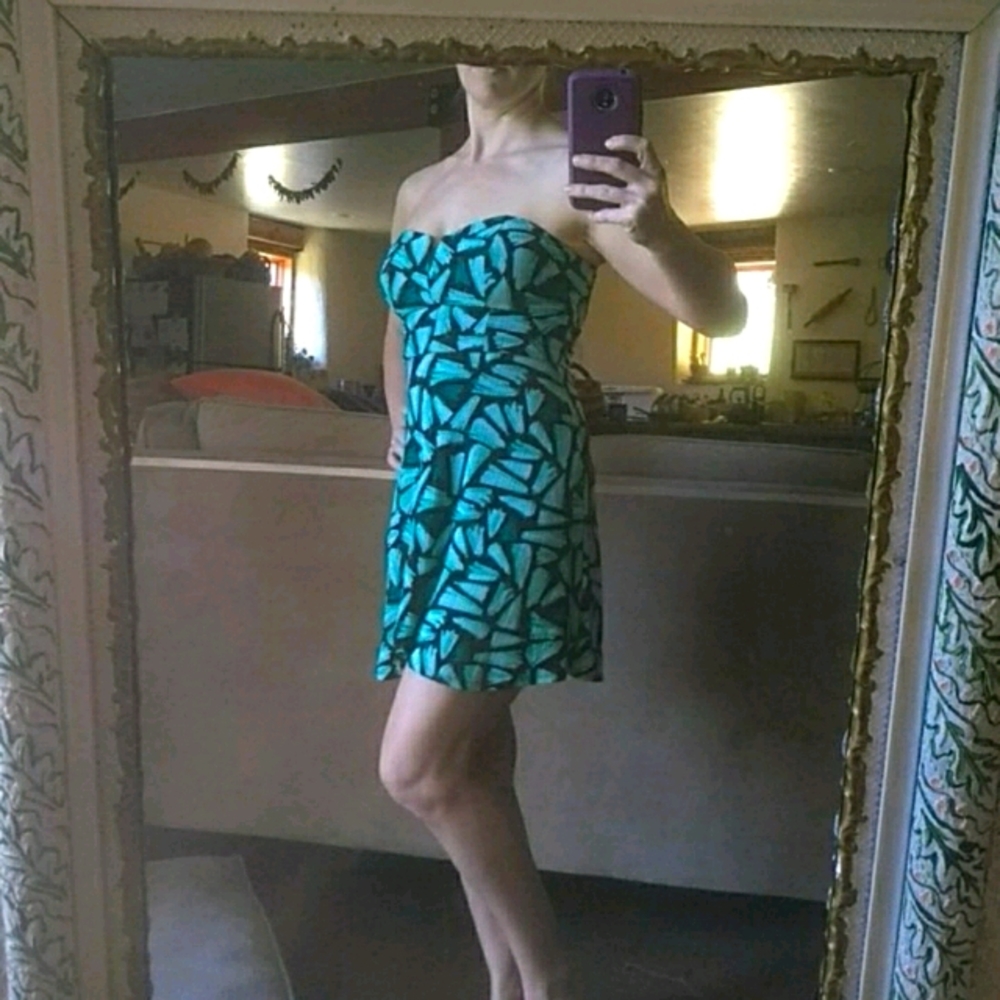Strapless dress, teal and black